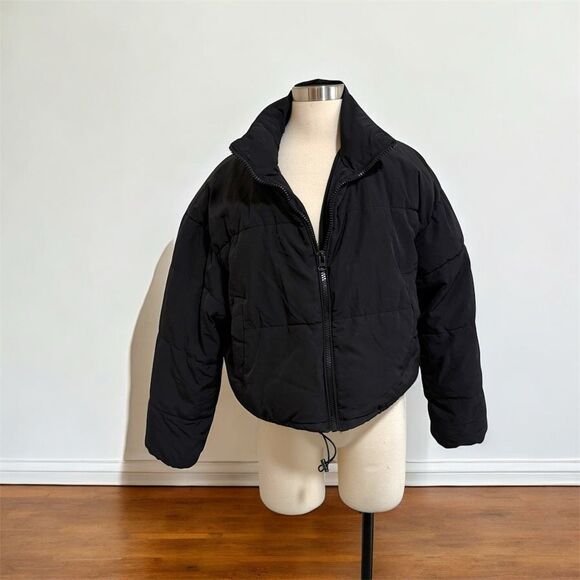 H&M Divided Black Puffer Bomber Aviator Black Coat Jacket Cropped Large - Picture 1 of 6